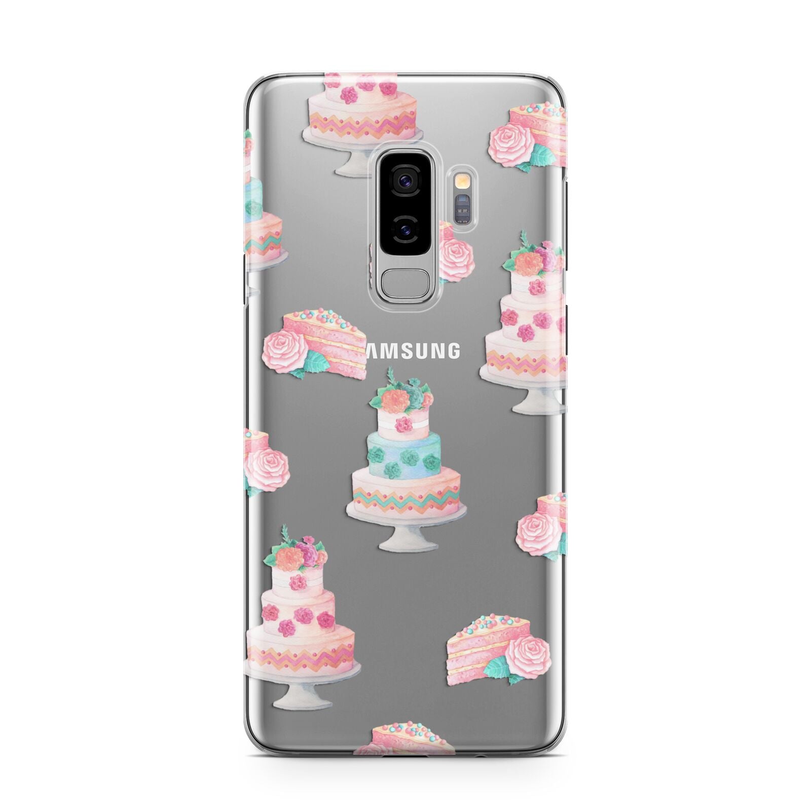 Pink Cake Print Samsung Galaxy S9 Plus Case on Silver phone