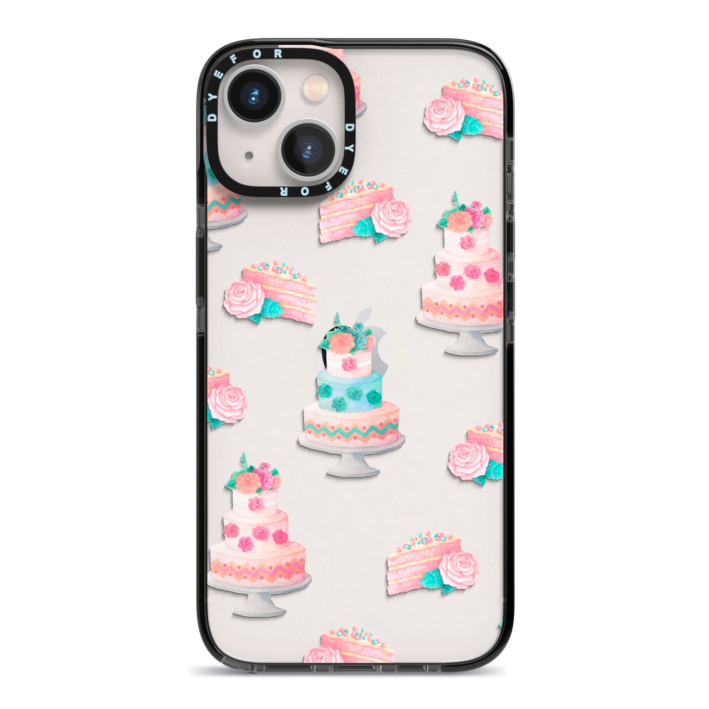 Pink Cake Print iPhone 13 Black Impact Case on Silver phone