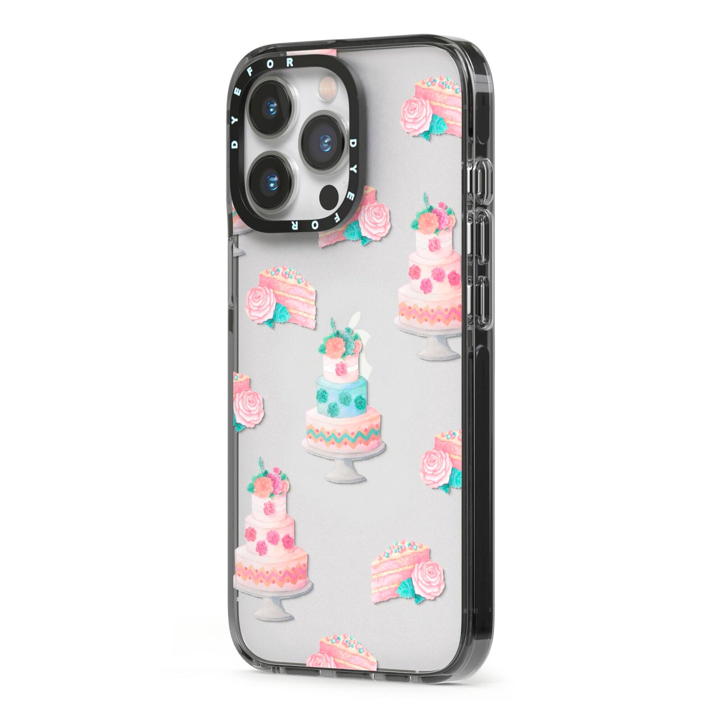 Pink Cake Print iPhone 13 Pro Black Impact Case Side Angle on Silver phone