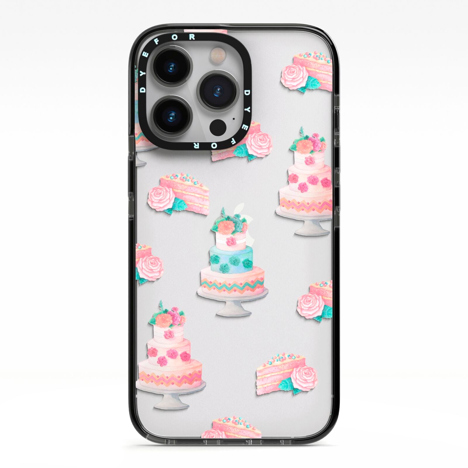 Pink Cake Print iPhone 13 Pro Black Impact Case on Silver phone