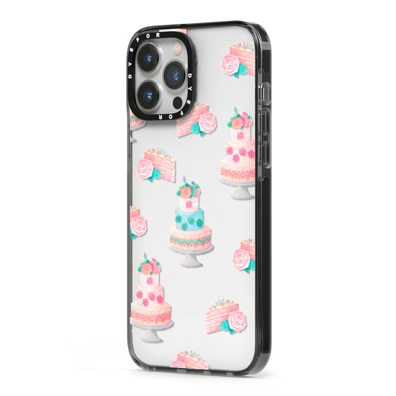 Pink Cake Print iPhone 13 Pro Max Black Impact Case Side Angle on Silver phone