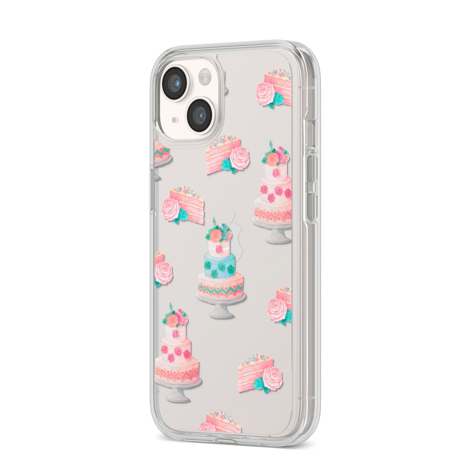 Pink Cake Print iPhone 14 Clear Tough Case Starlight Angled Image