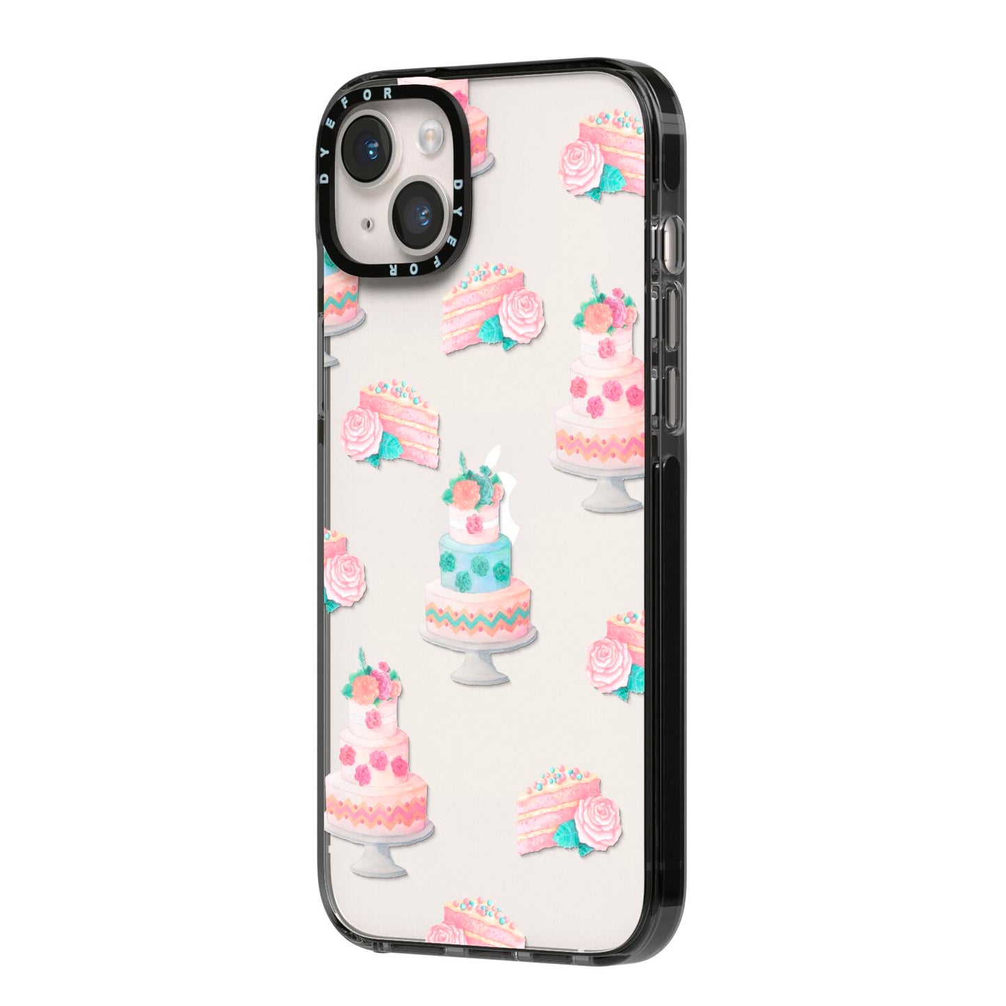 Pink Cake Print iPhone 14 Plus Black Impact Case Side Angle on Silver phone