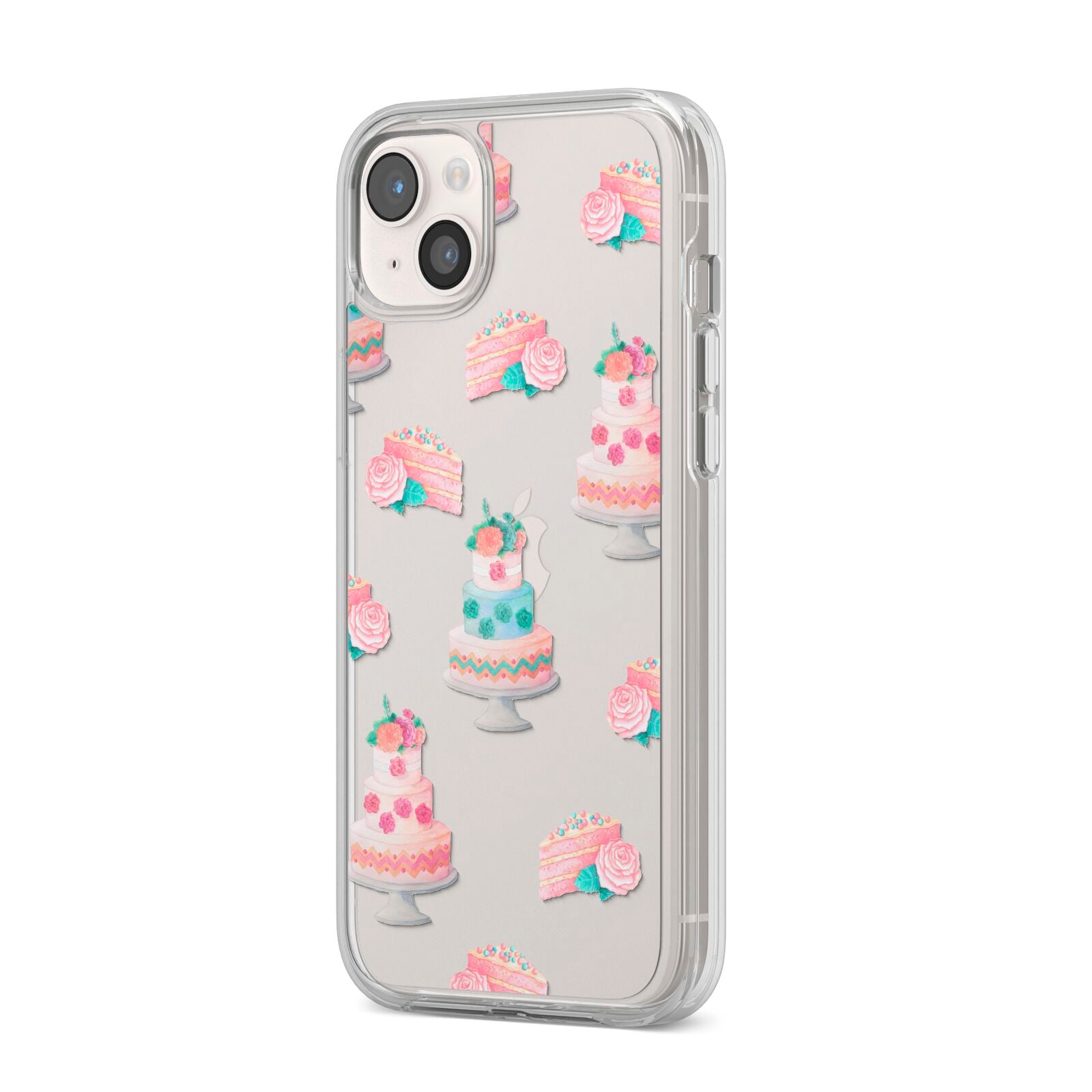 Pink Cake Print iPhone 14 Plus Clear Tough Case Starlight Angled Image