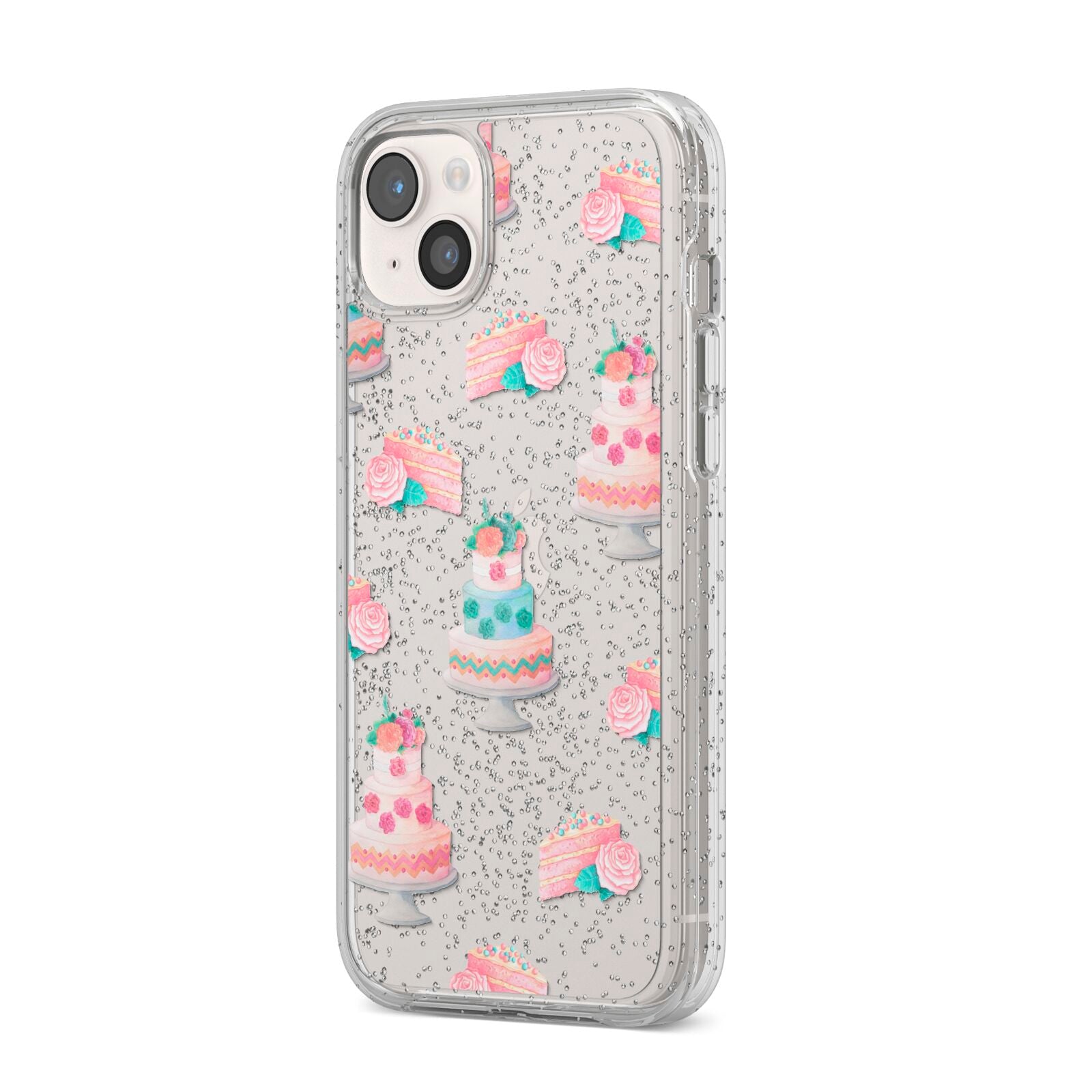 Pink Cake Print iPhone 14 Plus Glitter Tough Case Starlight Angled Image