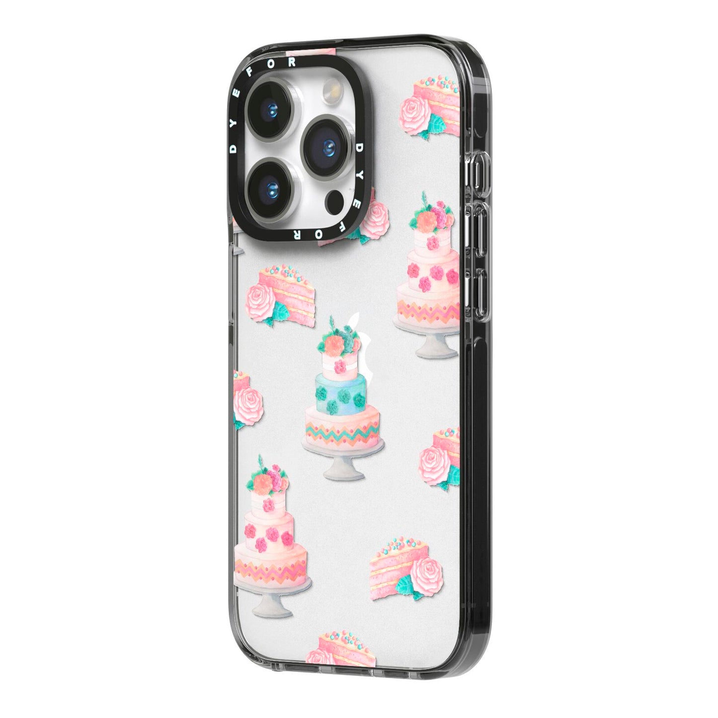 Pink Cake Print iPhone 14 Pro Black Impact Case Side Angle on Silver phone