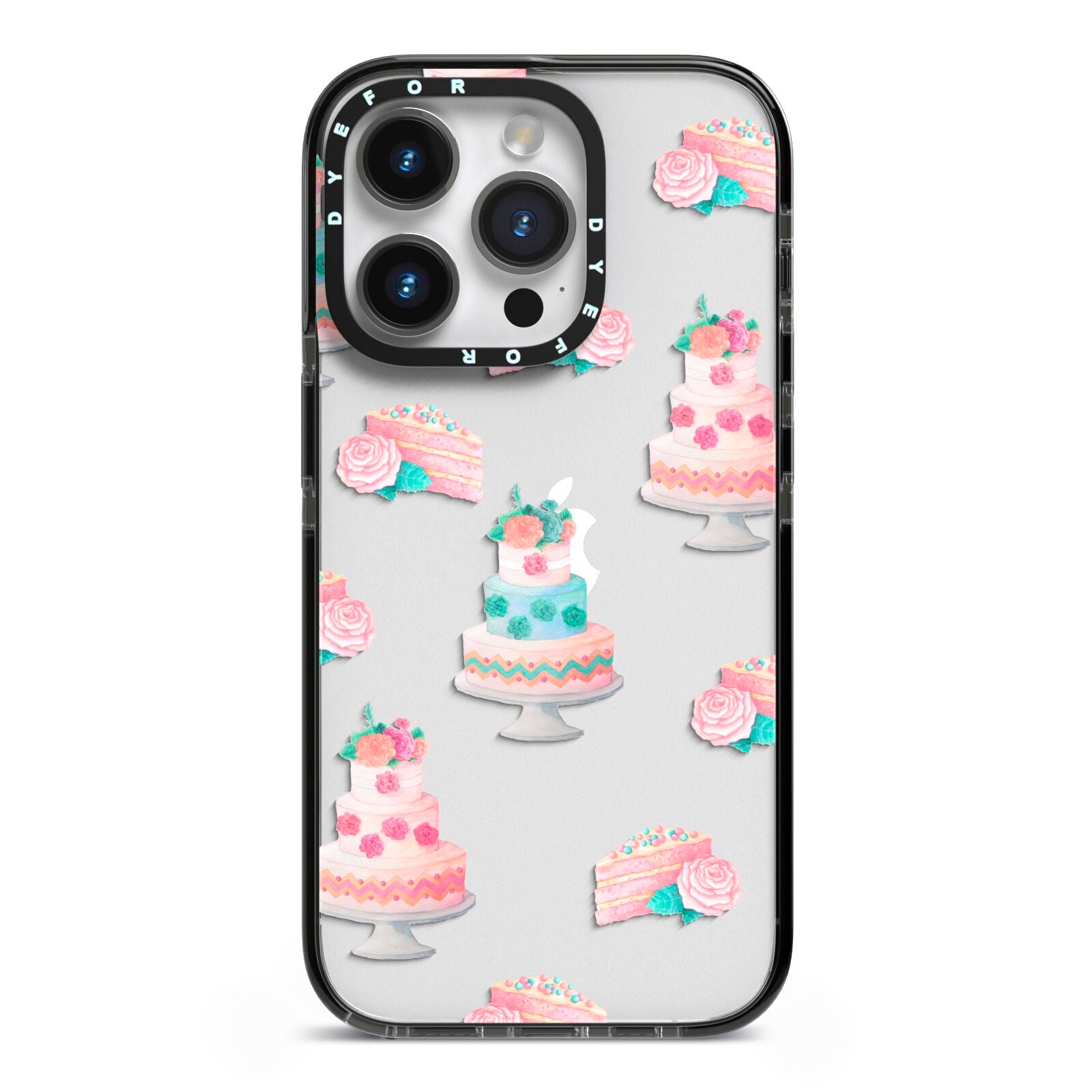 Pink Cake Print iPhone 14 Pro Black Impact Case on Silver phone