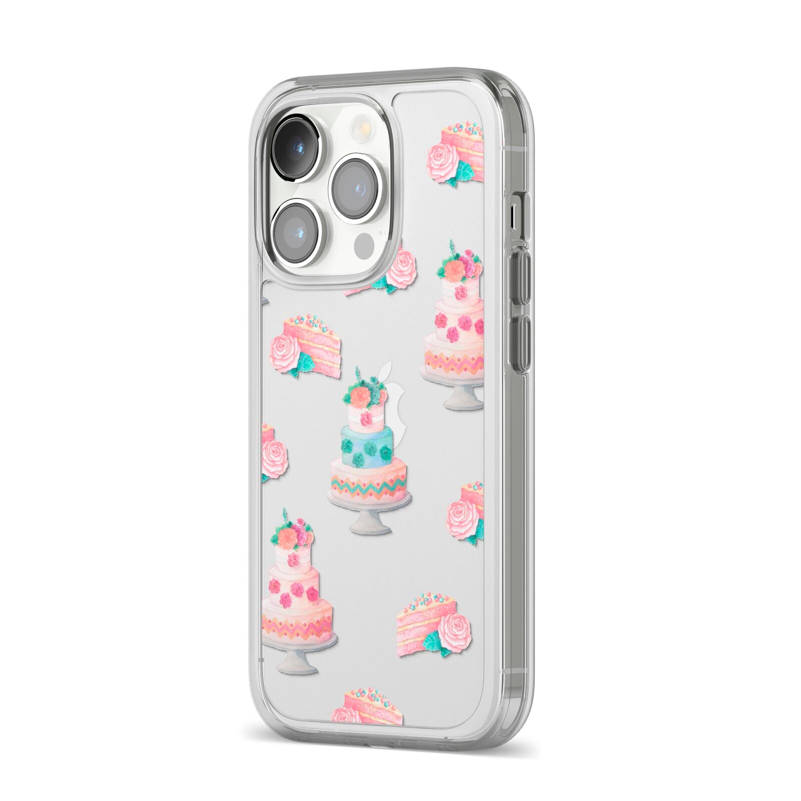 Pink Cake Print iPhone 14 Pro Clear Tough Case Silver Angled Image