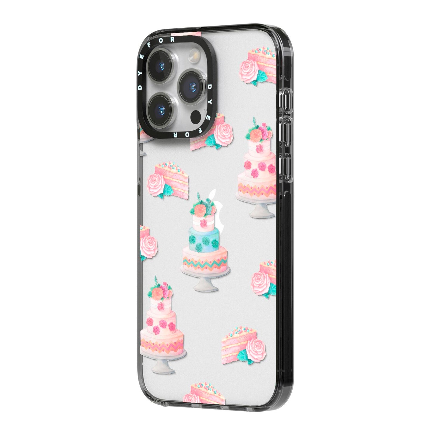 Pink Cake Print iPhone 14 Pro Max Black Impact Case Side Angle on Silver phone