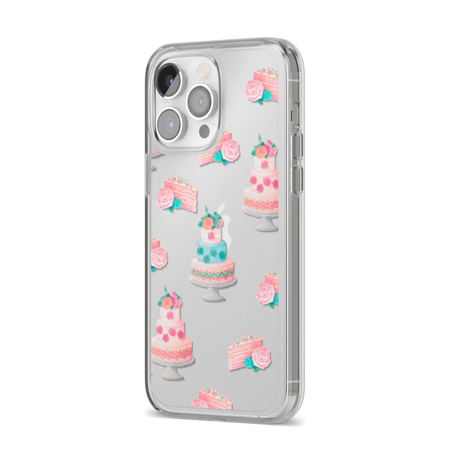 Pink Cake Print iPhone 14 Pro Max Clear Tough Case Silver Angled Image