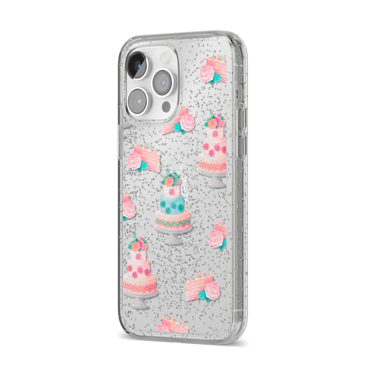 Pink Cake Print iPhone 14 Pro Max Glitter Tough Case Silver Angled Image