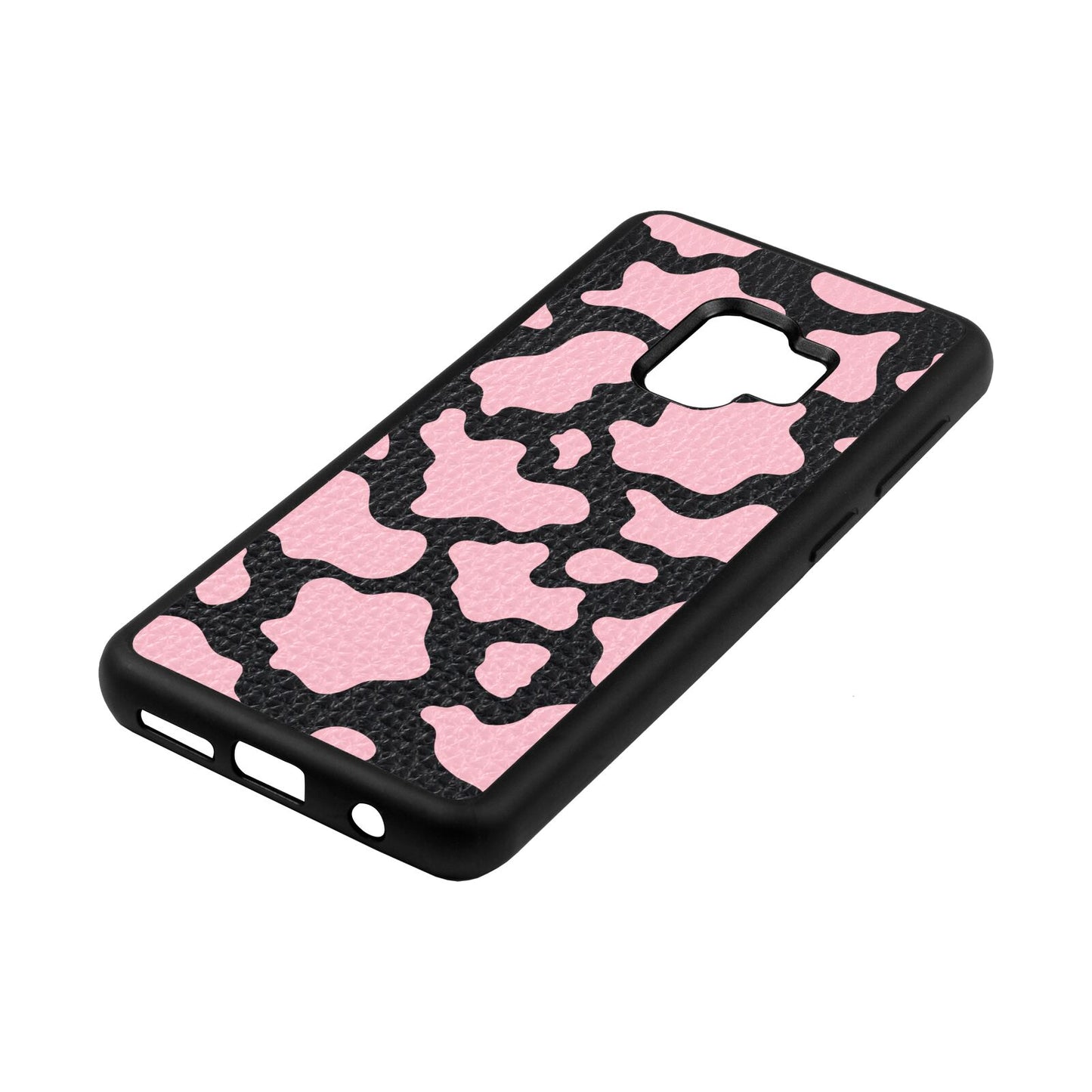 Pink Cow Print Black Pebble Leather Samsung S9 Case Side Angle