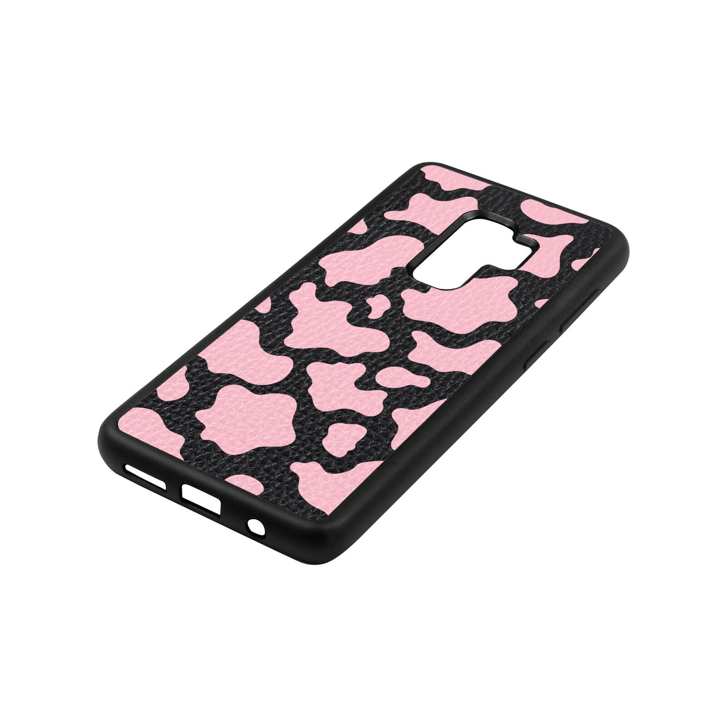 Pink Cow Print Black Pebble Leather Samsung S9 Plus Case Side Angle