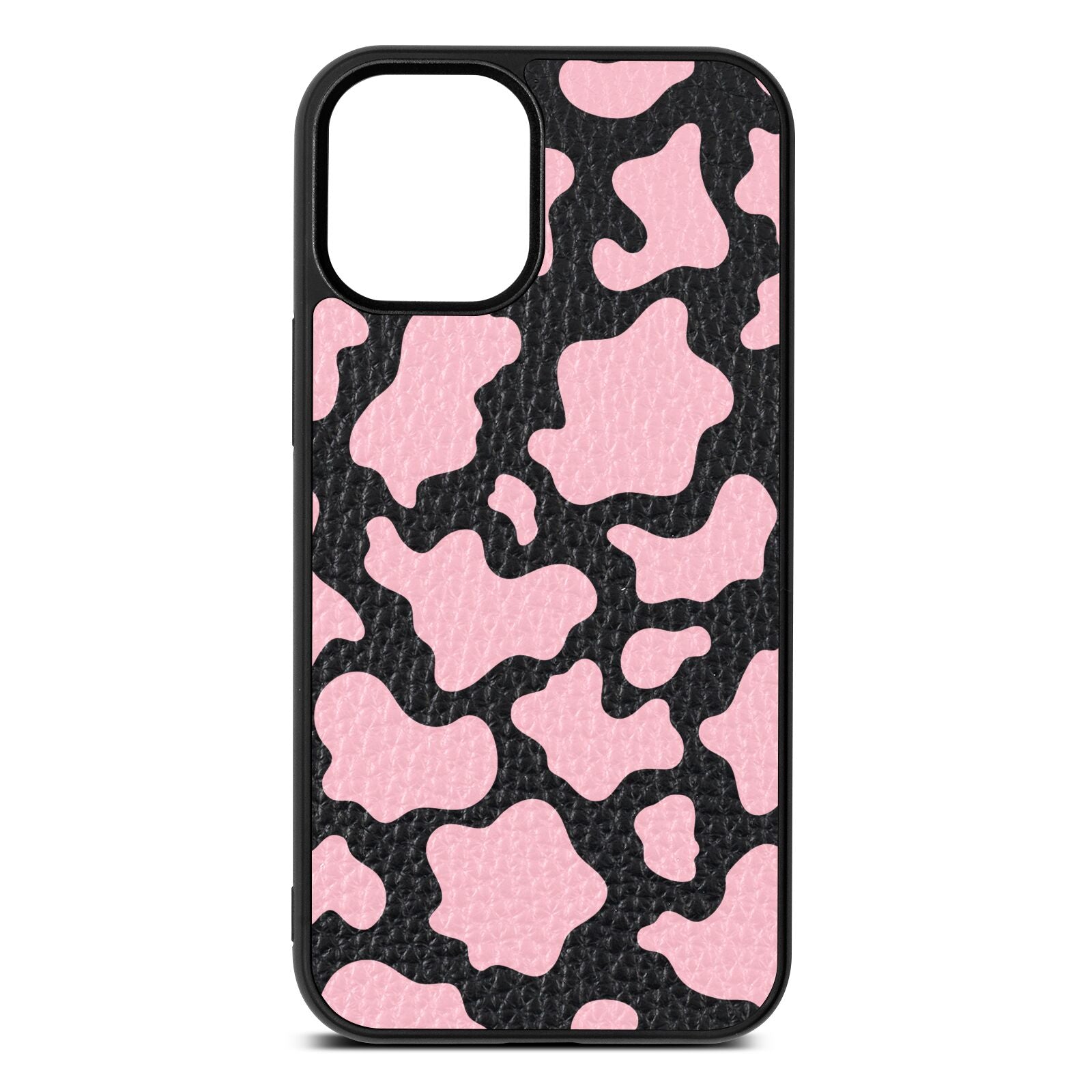 Pink Cow Print Black Pebble Leather iPhone 12 Mini Case