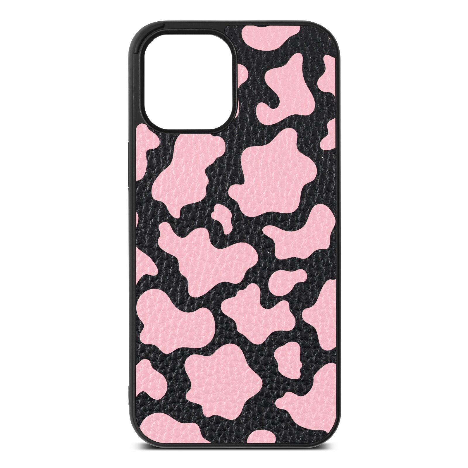 Pink Cow Print Black Pebble Leather iPhone 12 Pro Max Case