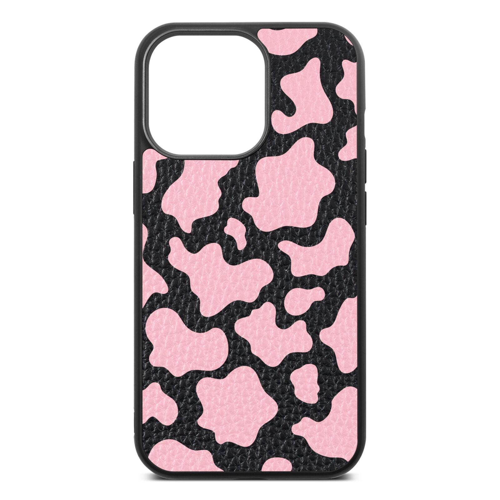 Pink Cow Print Black Pebble Leather iPhone 13 Pro Case