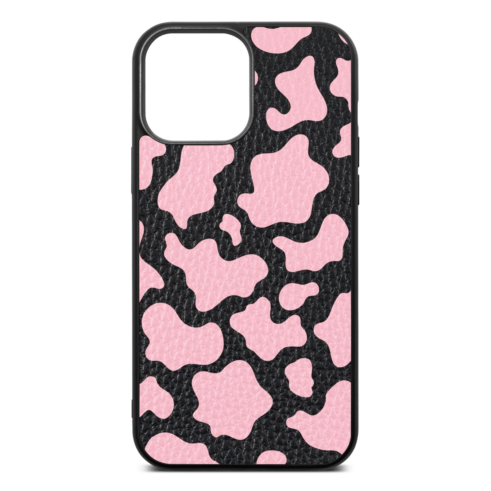 Pink Cow Print Black Pebble Leather iPhone 13 Pro Max Case