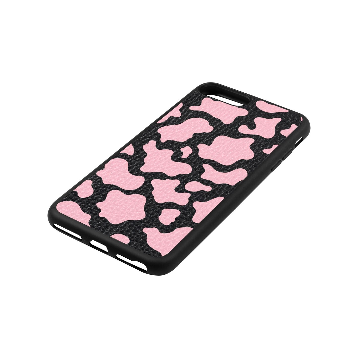 Pink Cow Print Black Pebble Leather iPhone 8 Plus Case Side Angle