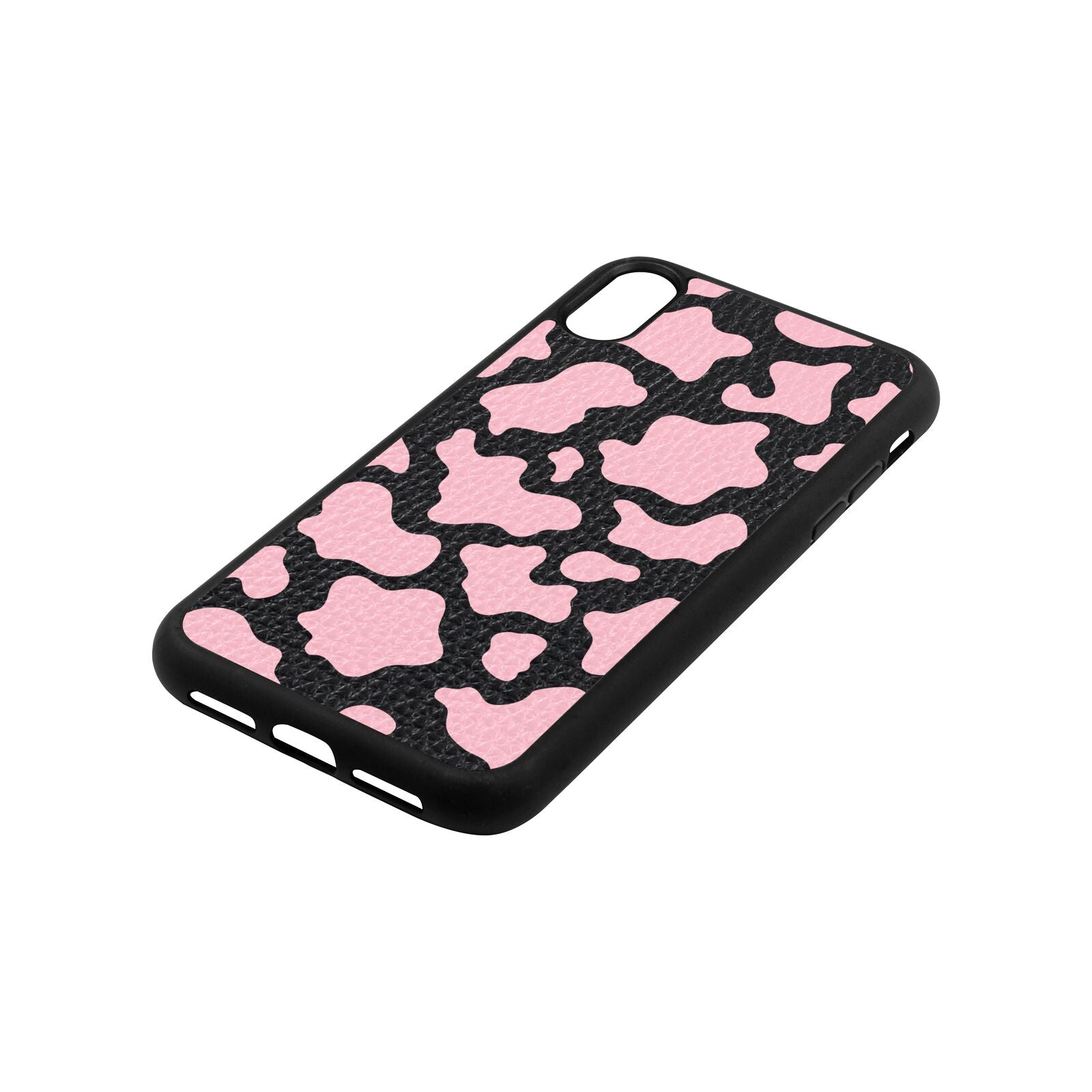 Pink Cow Print Black Pebble Leather iPhone Xr Case Side Angle