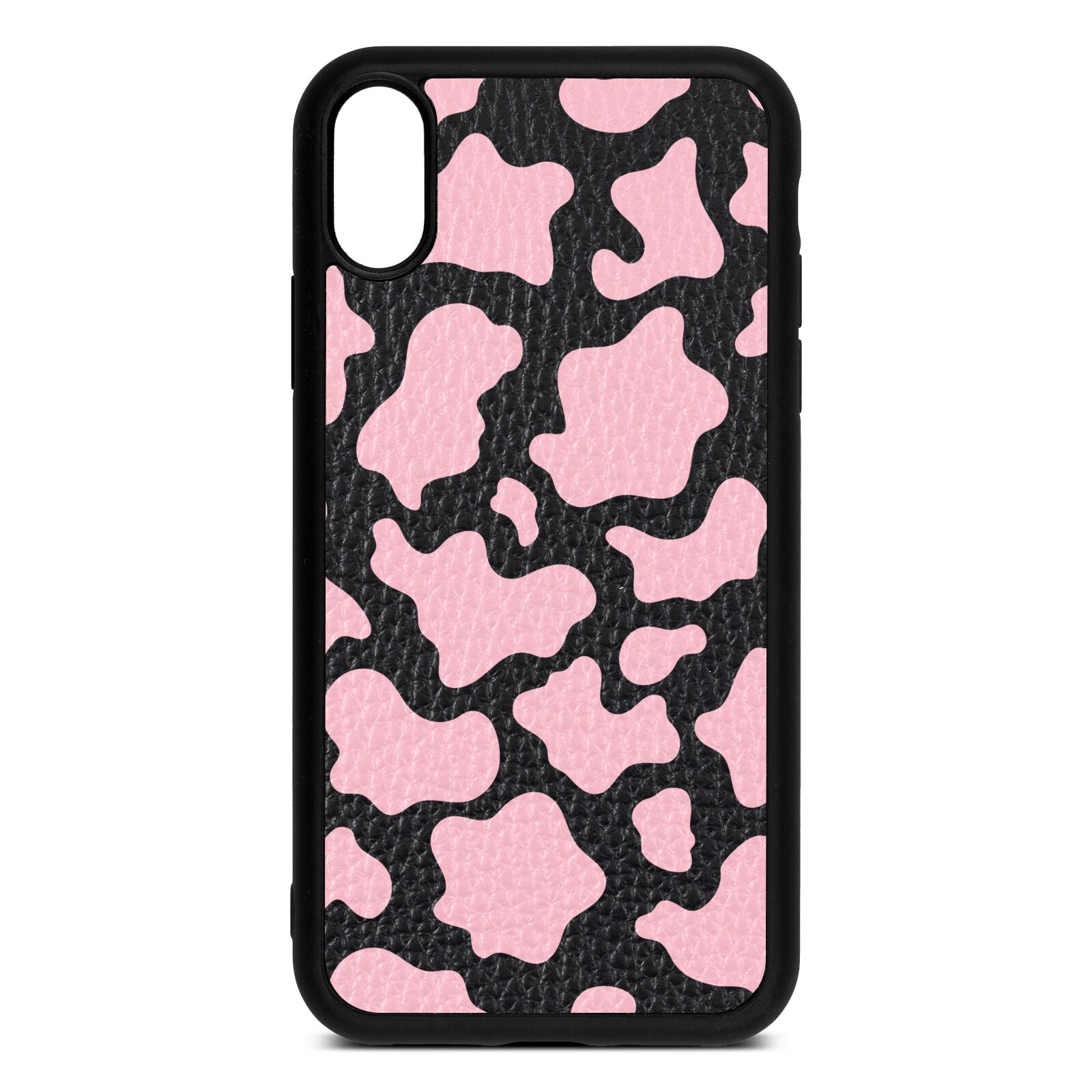 Pink Cow Print Black Pebble Leather iPhone Xr Case