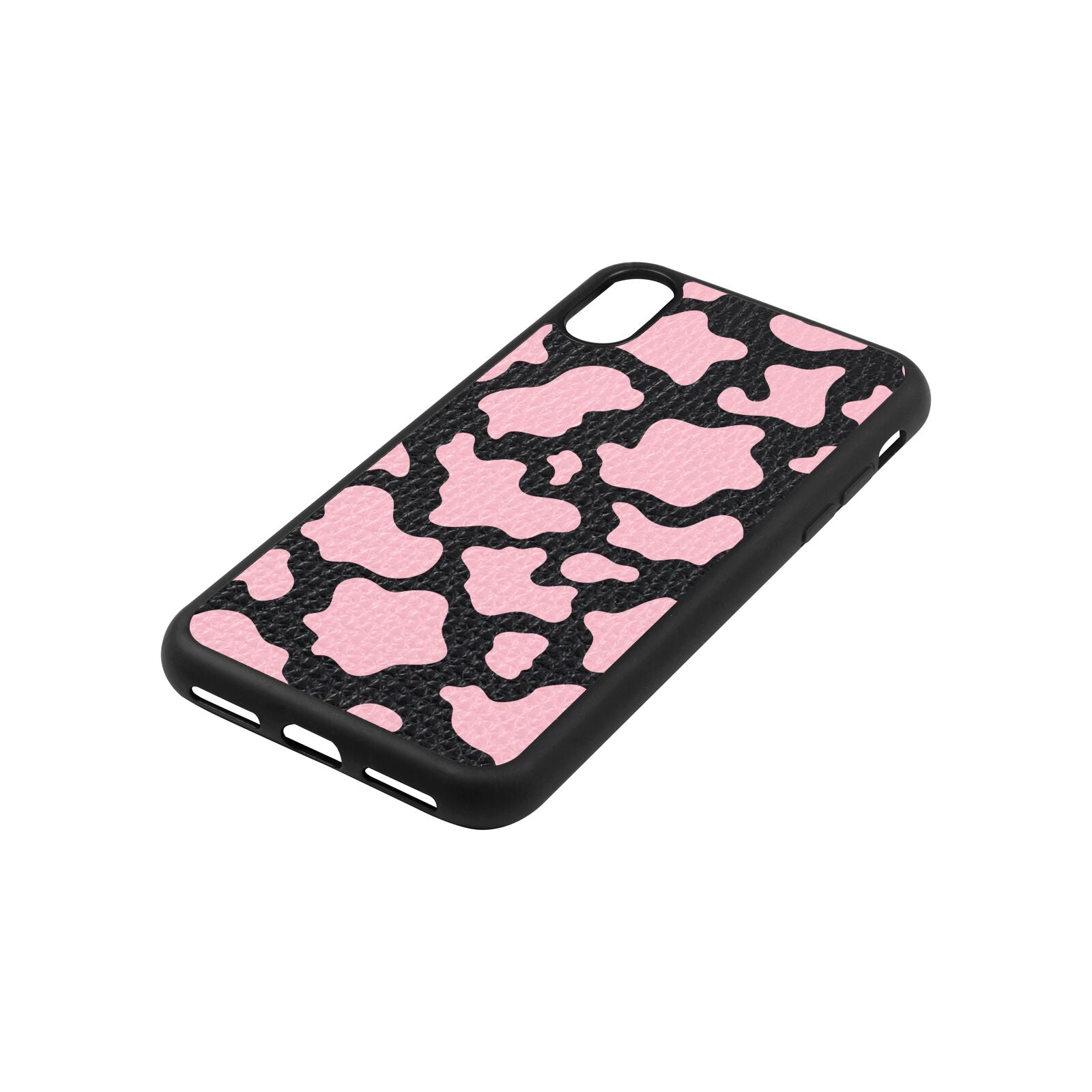 Pink Cow Print Black Pebble Leather iPhone Xs Case Side Angle