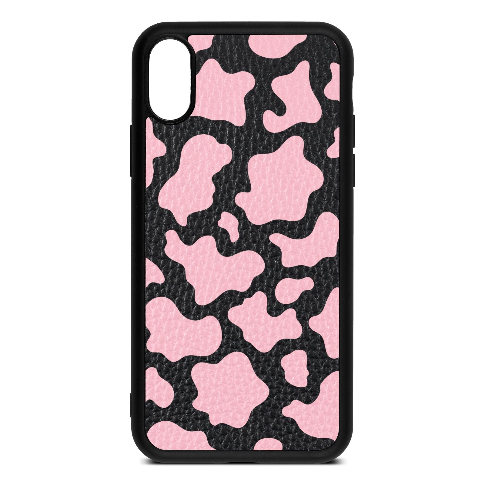 Pink Cow Print Black Pebble Leather iPhone Xs Case