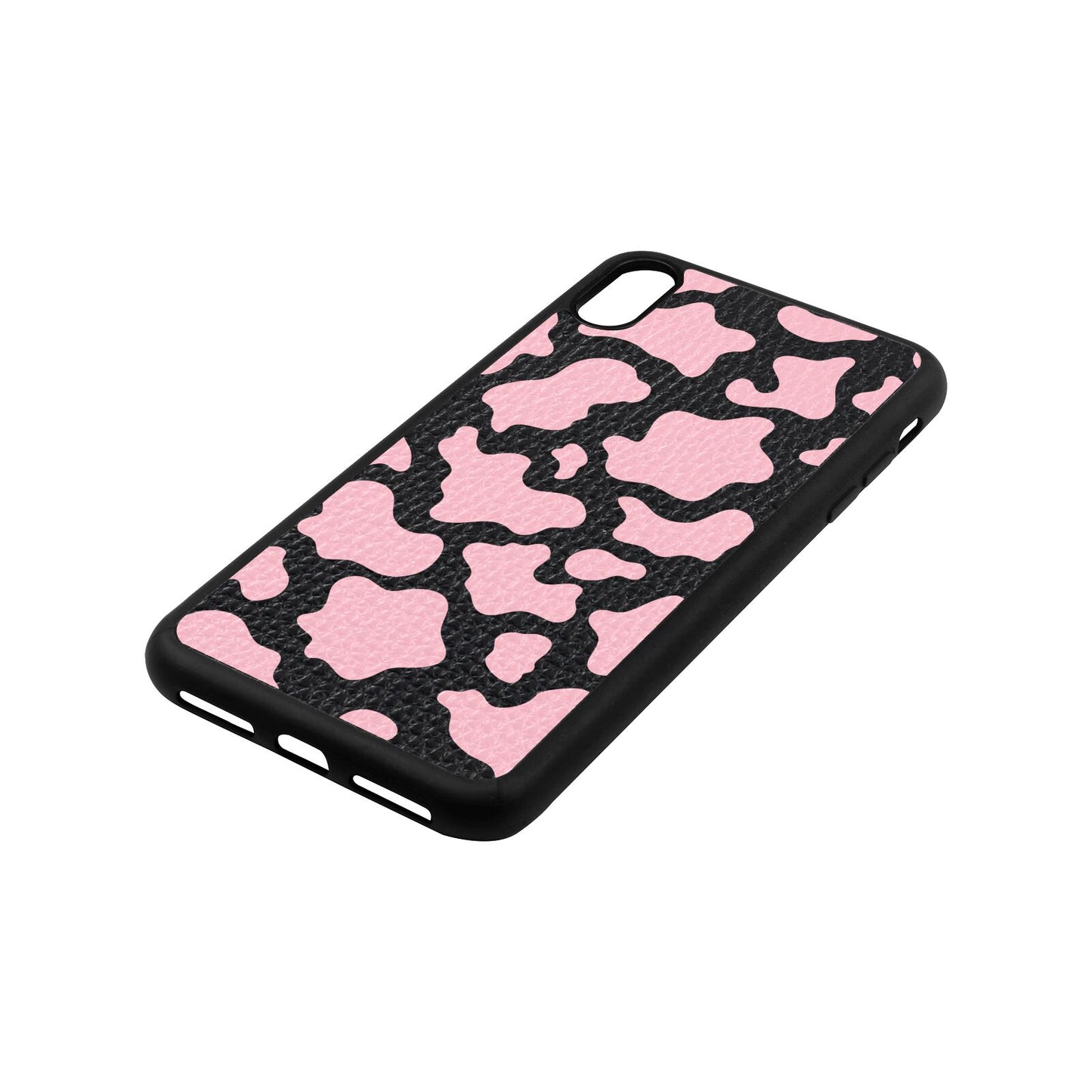 Pink Cow Print Black Pebble Leather iPhone Xs Max Case Side Angle