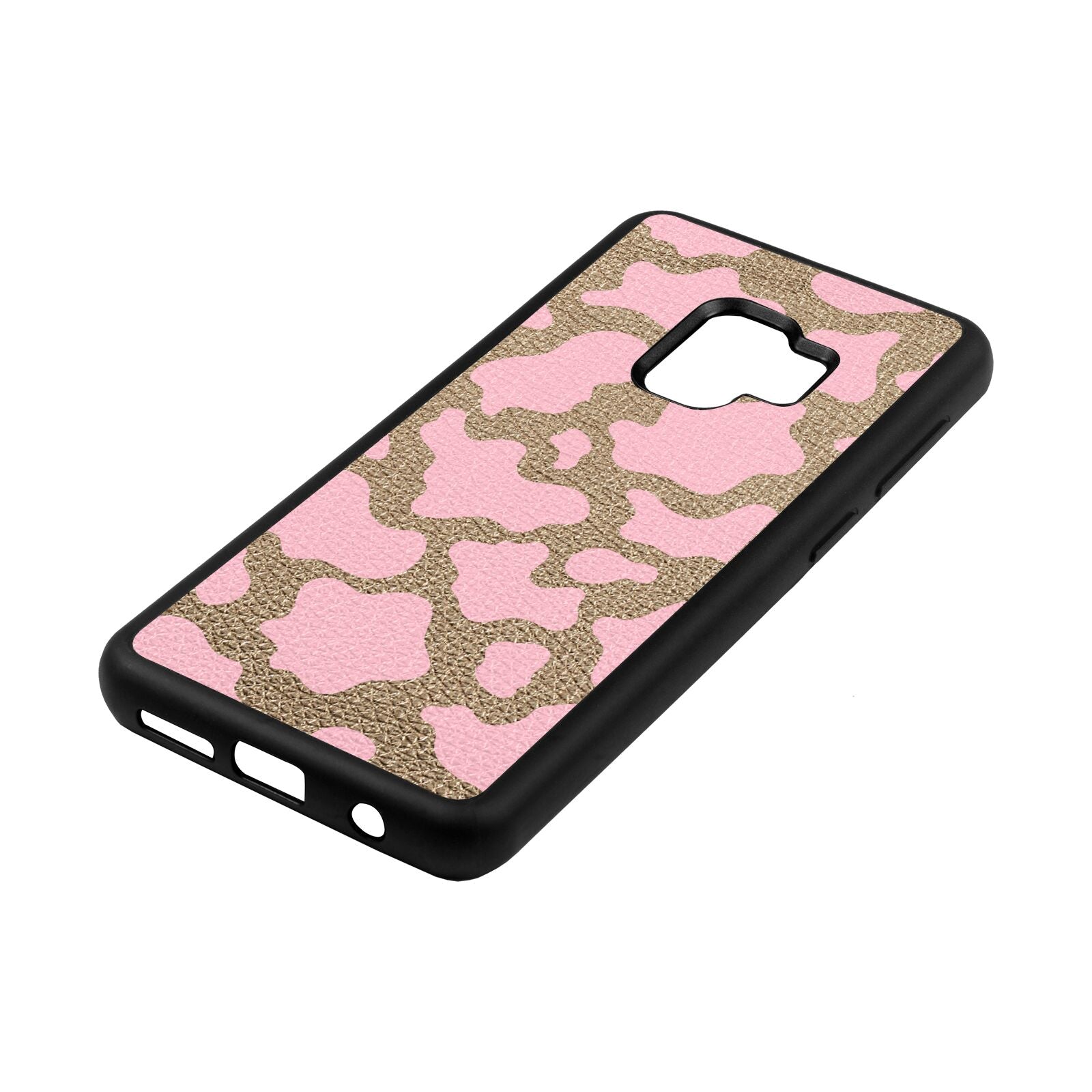 Pink Cow Print Gold Pebble Leather Samsung S9 Case Side Angle