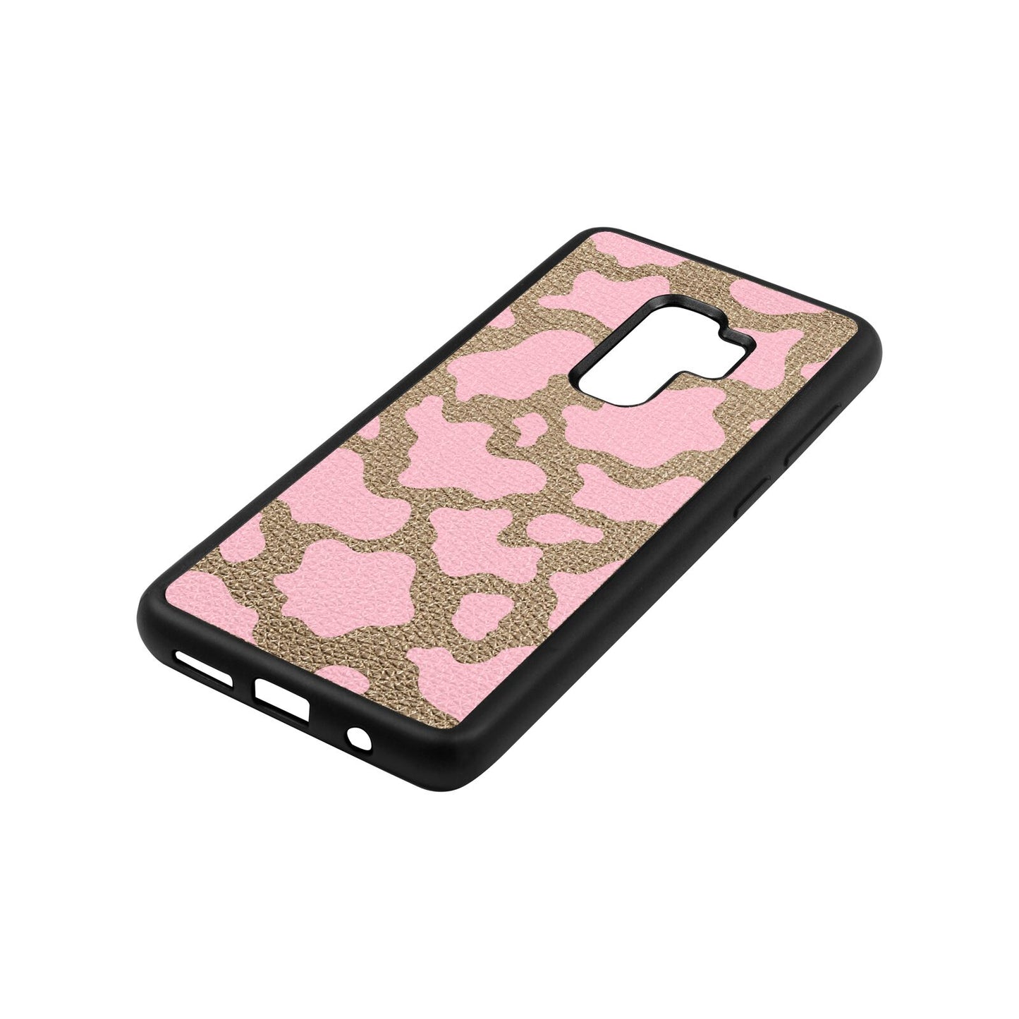 Pink Cow Print Gold Pebble Leather Samsung S9 Plus Case Side Angle