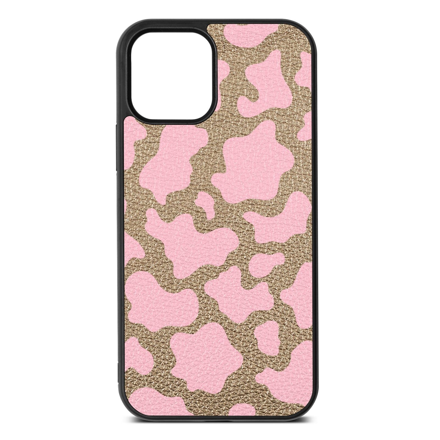 Pink Cow Print Gold Pebble Leather iPhone 12 Case