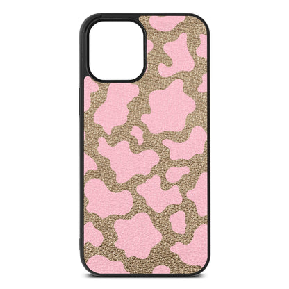 Pink Cow Print Gold Pebble Leather iPhone 12 Pro Max Case