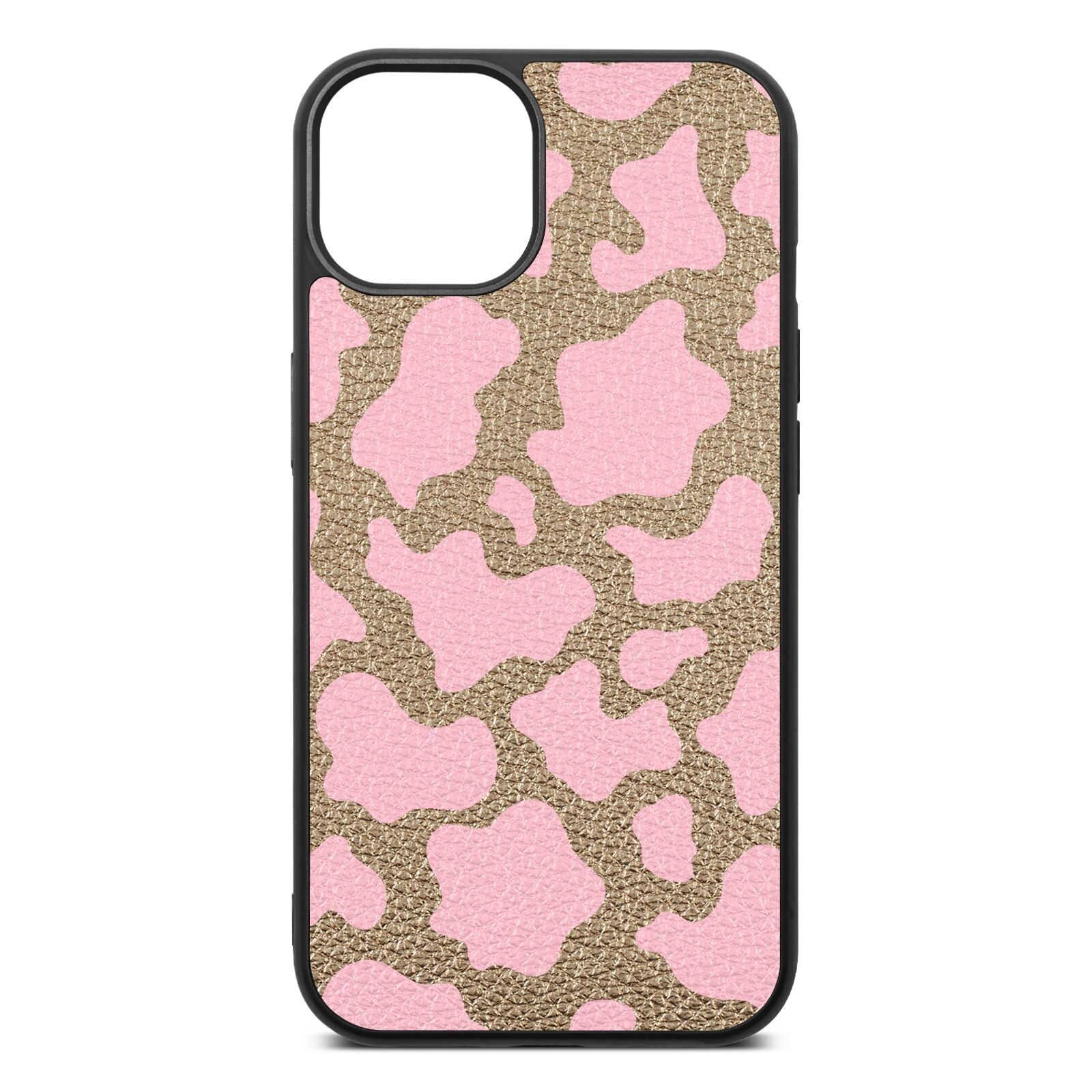 Pink Cow Print Gold Pebble Leather iPhone 13 Case