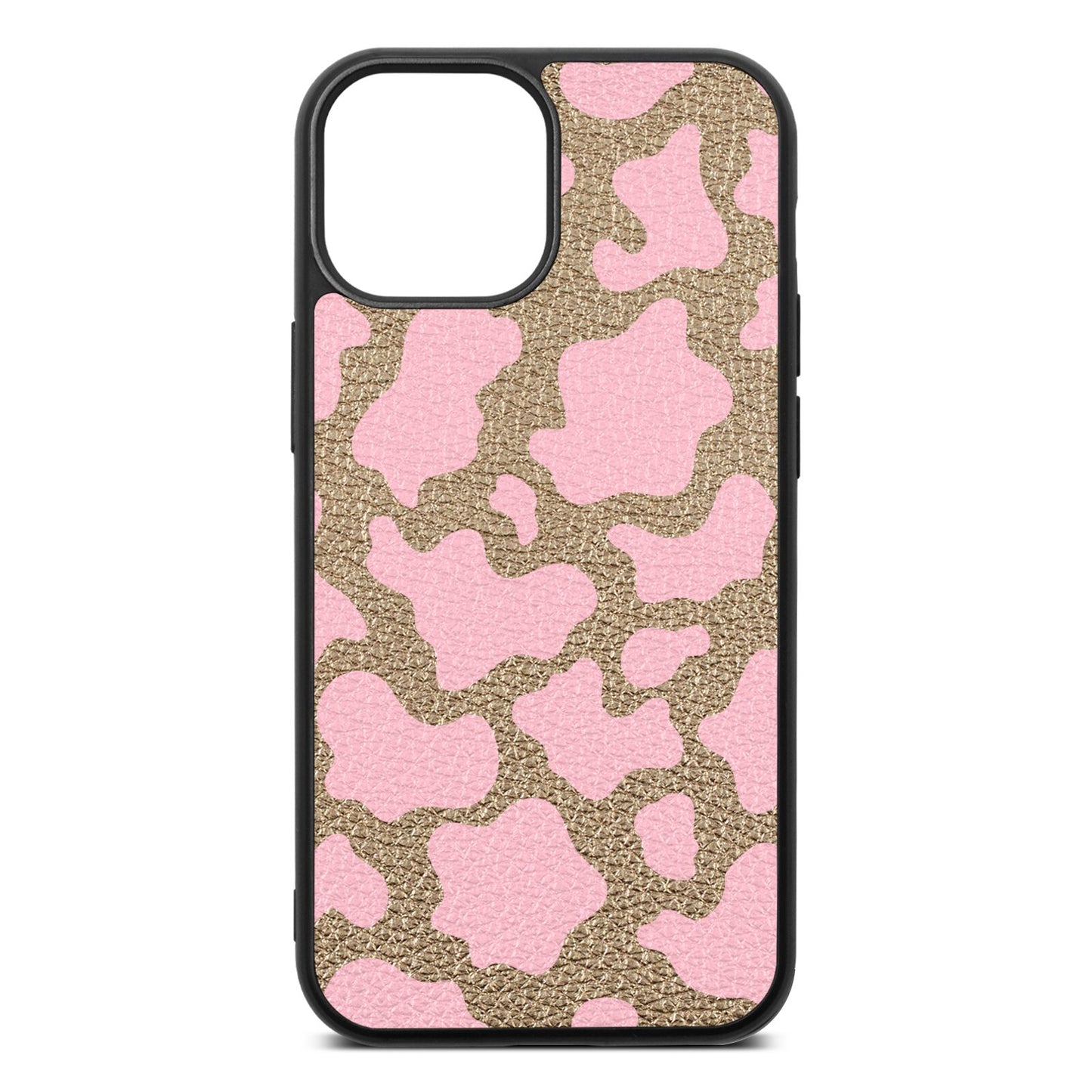 Pink Cow Print Gold Pebble Leather iPhone 13 Mini Case