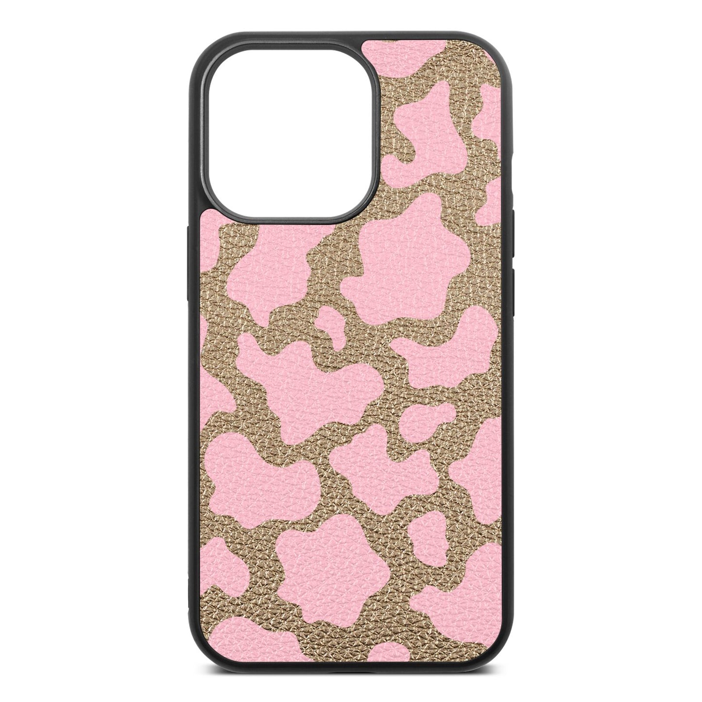 Pink Cow Print Gold Pebble Leather iPhone 13 Pro Case