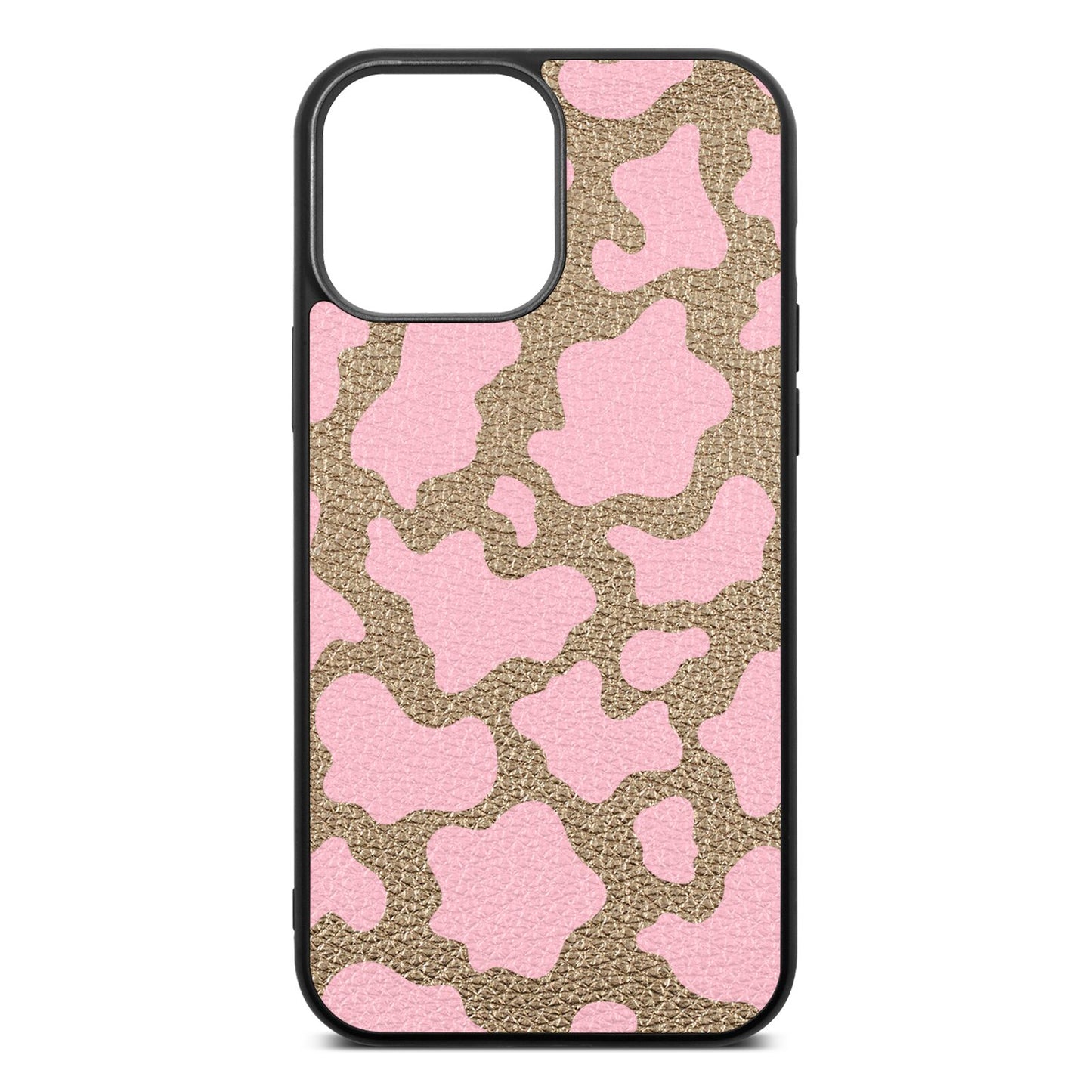 Pink Cow Print Gold Pebble Leather iPhone 13 Pro Max Case