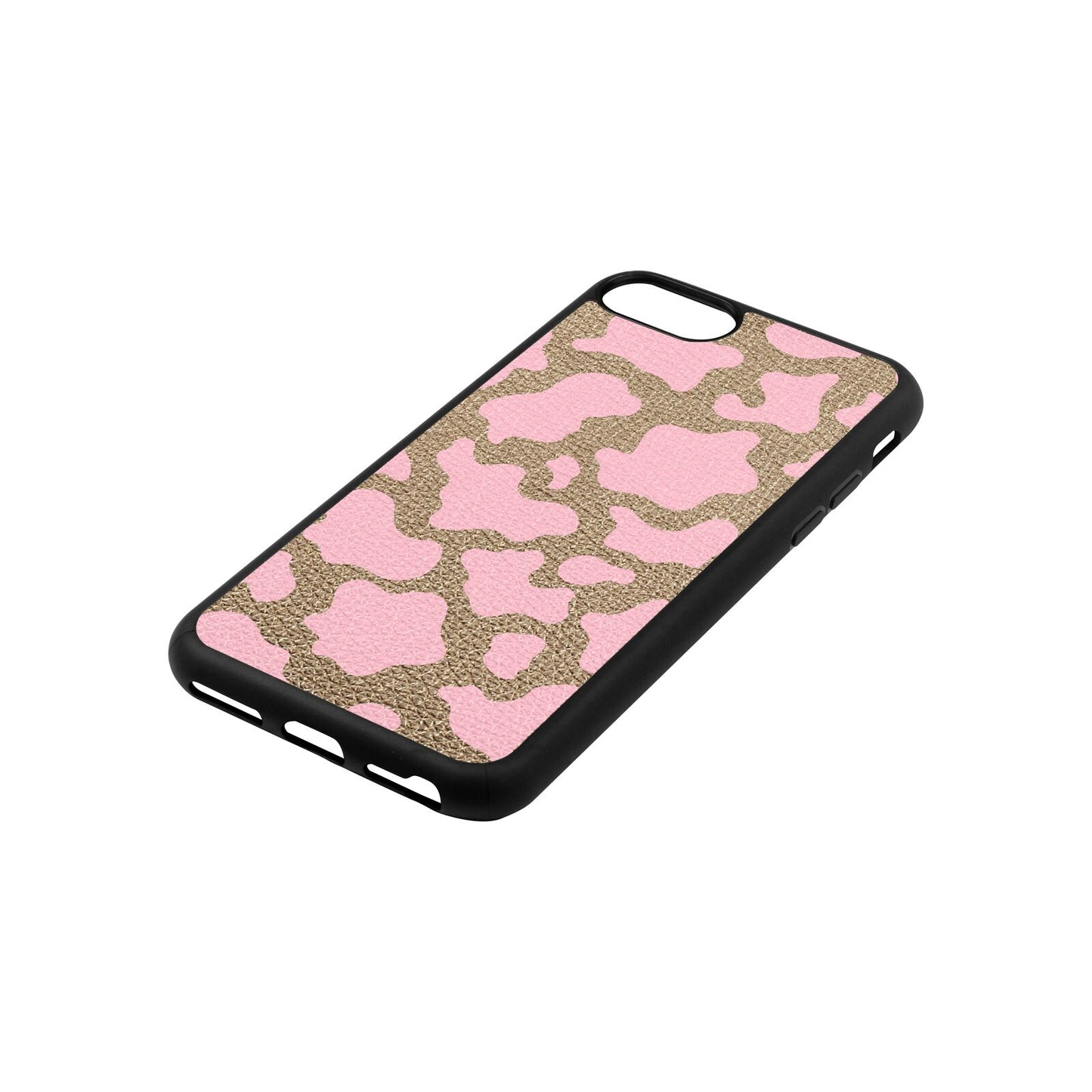 Pink Cow Print Gold Pebble Leather iPhone 8 Case Side Angle