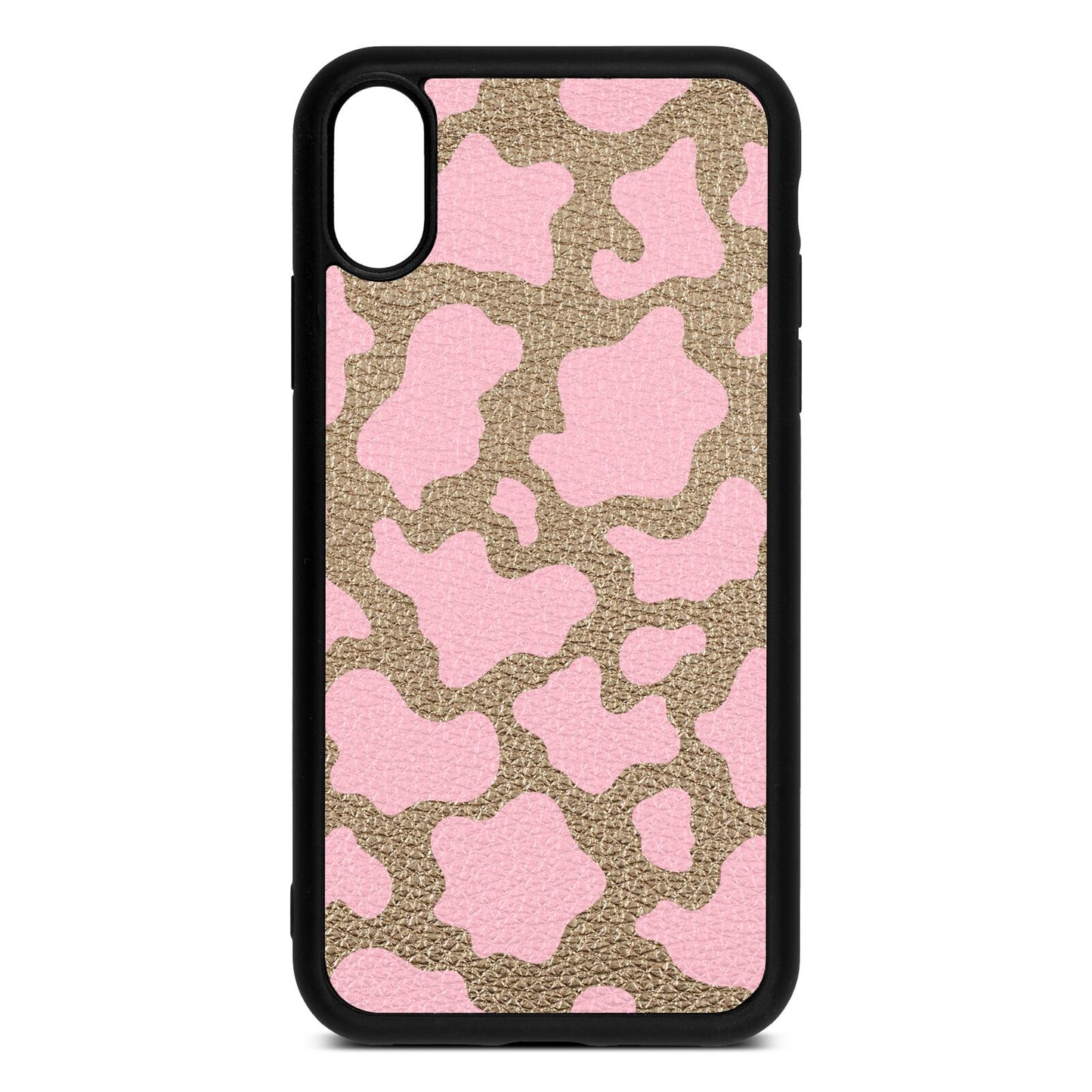 Pink Cow Print Gold Pebble Leather iPhone Xr Case