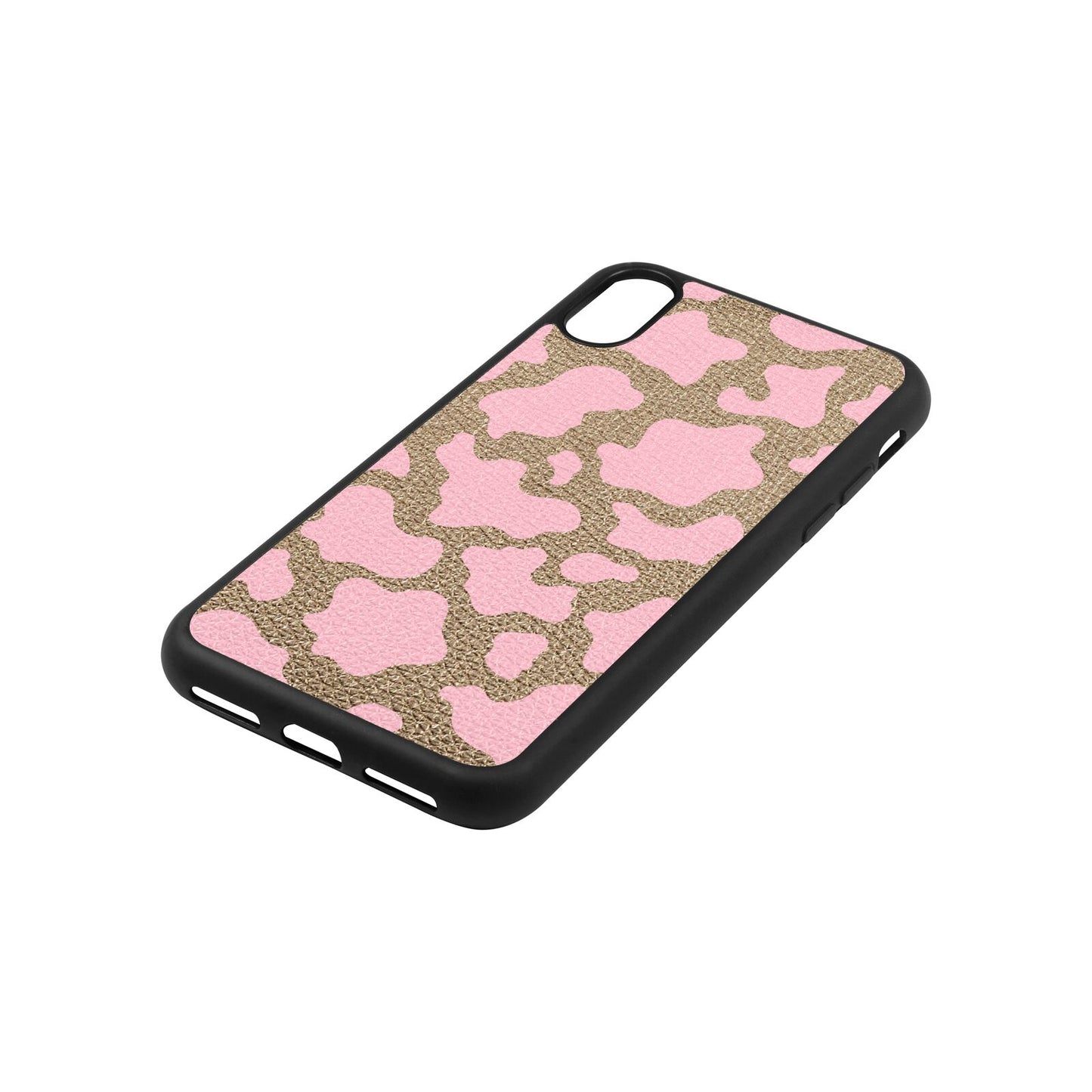 Pink Cow Print Gold Pebble Leather iPhone Xs Case Side Angle