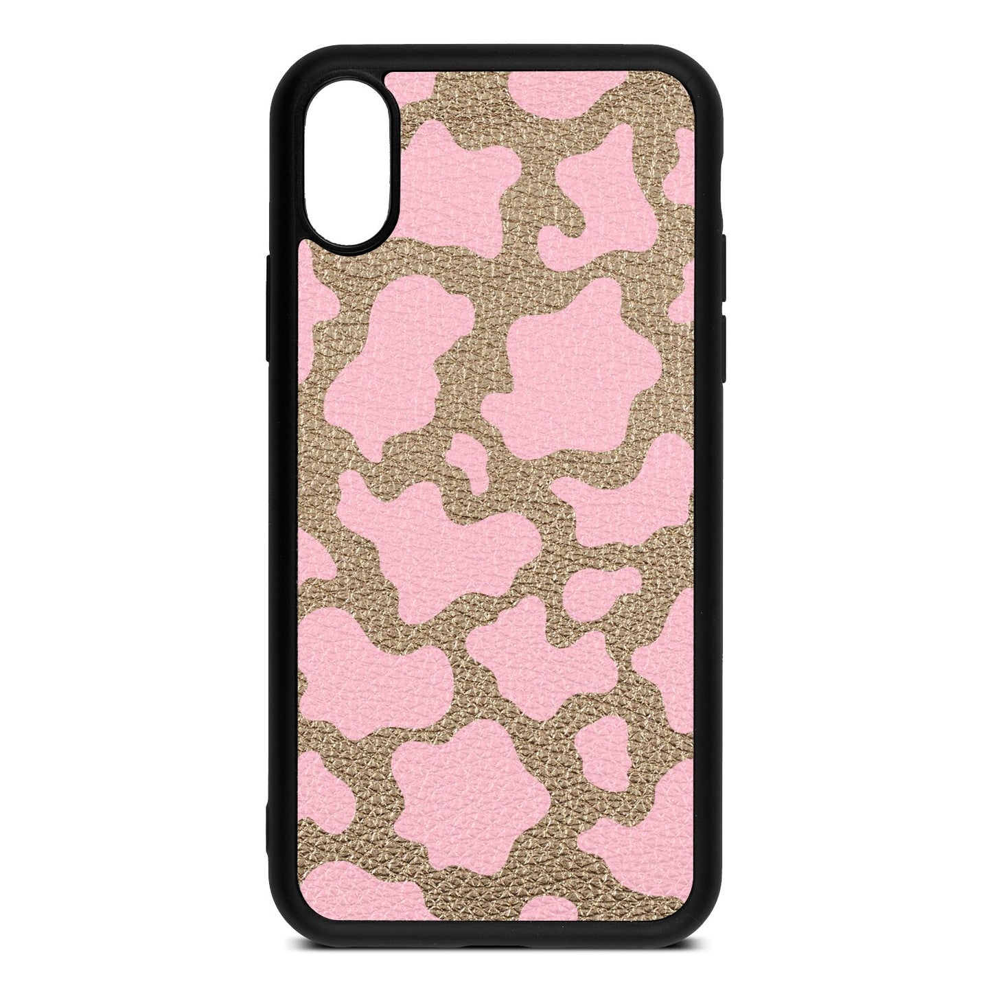 Pink Cow Print Gold Pebble Leather iPhone Xs Case