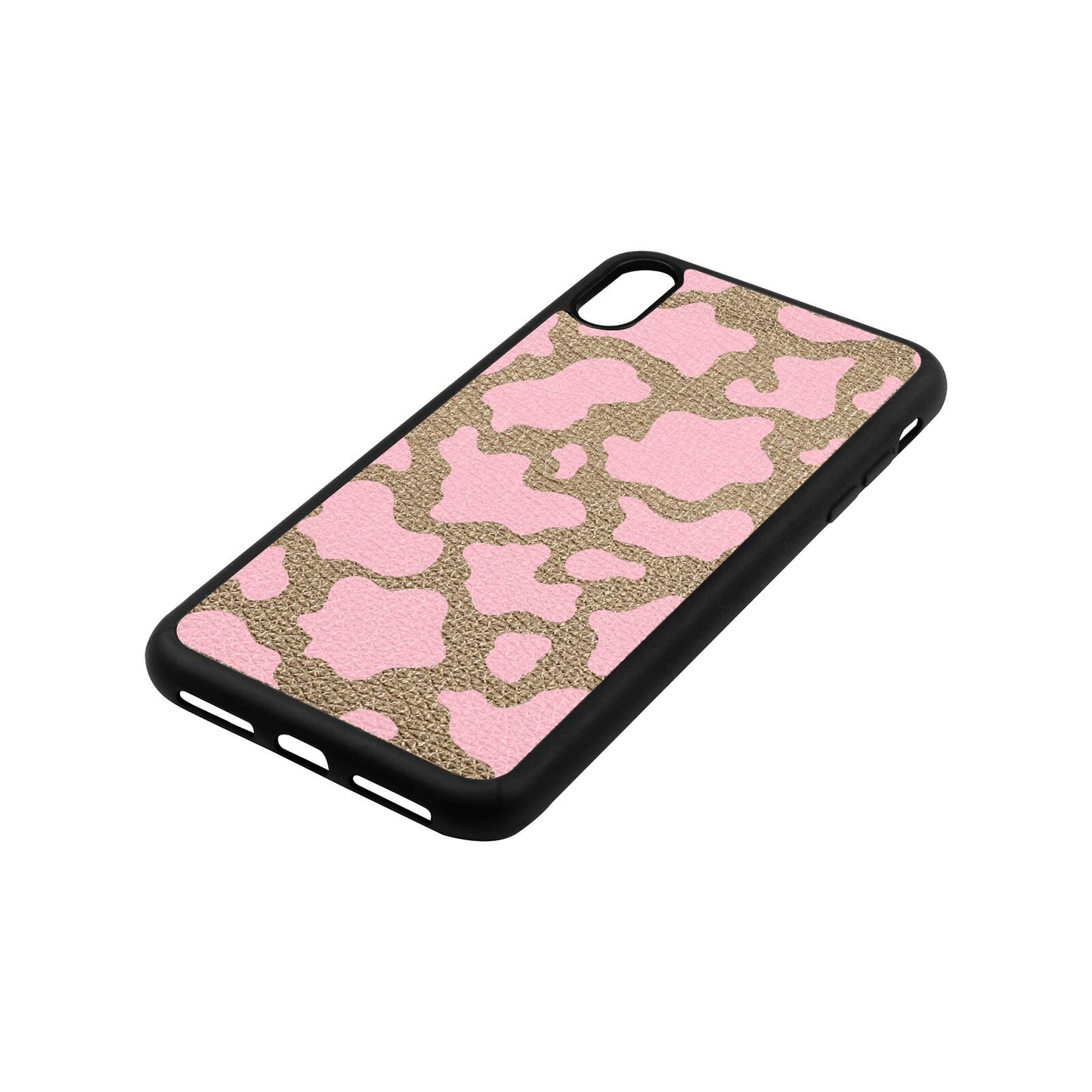 Pink Cow Print Gold Pebble Leather iPhone Xs Max Case Side Angle