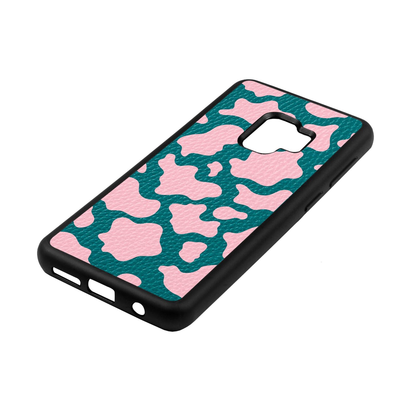 Pink Cow Print Green Pebble Leather Samsung S9 Case Side Angle