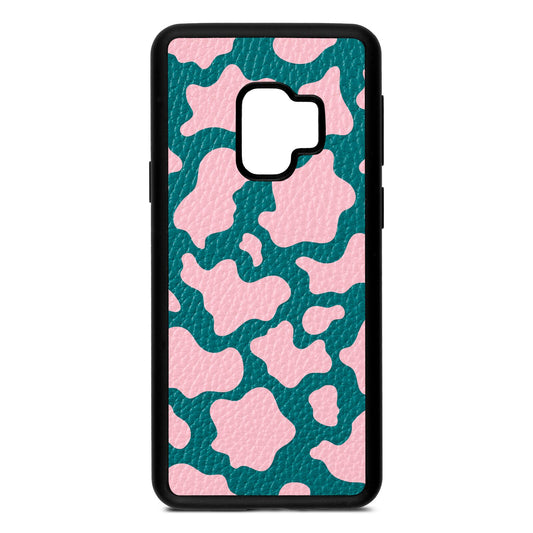 Pink Cow Print Green Pebble Leather Samsung S9 Case