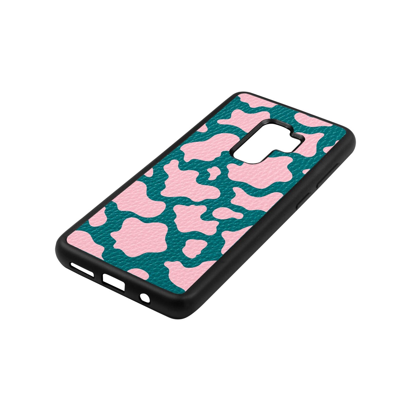 Pink Cow Print Green Pebble Leather Samsung S9 Plus Case Side Angle