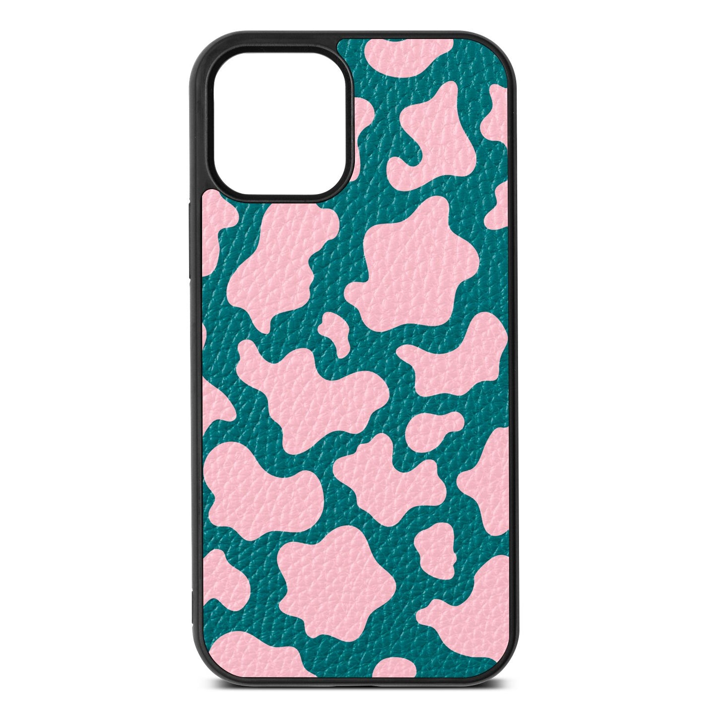 Pink Cow Print Green Pebble Leather iPhone 12 Case