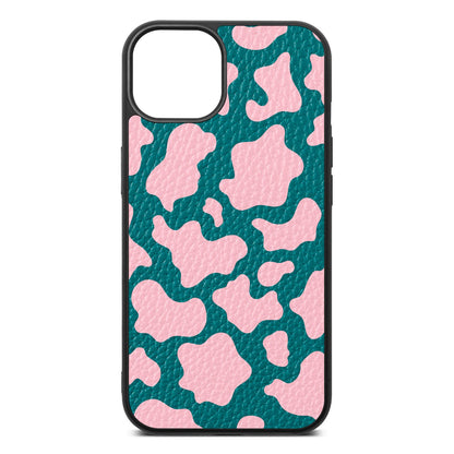 Pink Cow Print Green Pebble Leather iPhone 13 Case