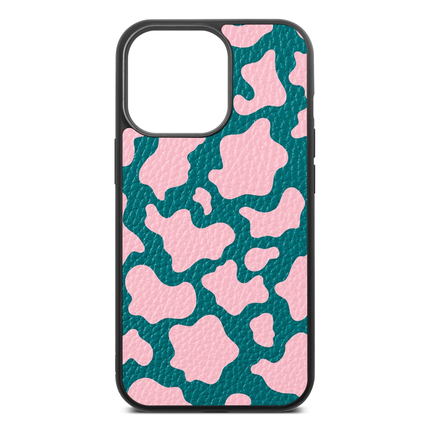 Pink Cow Print Green Pebble Leather iPhone 13 Pro Case