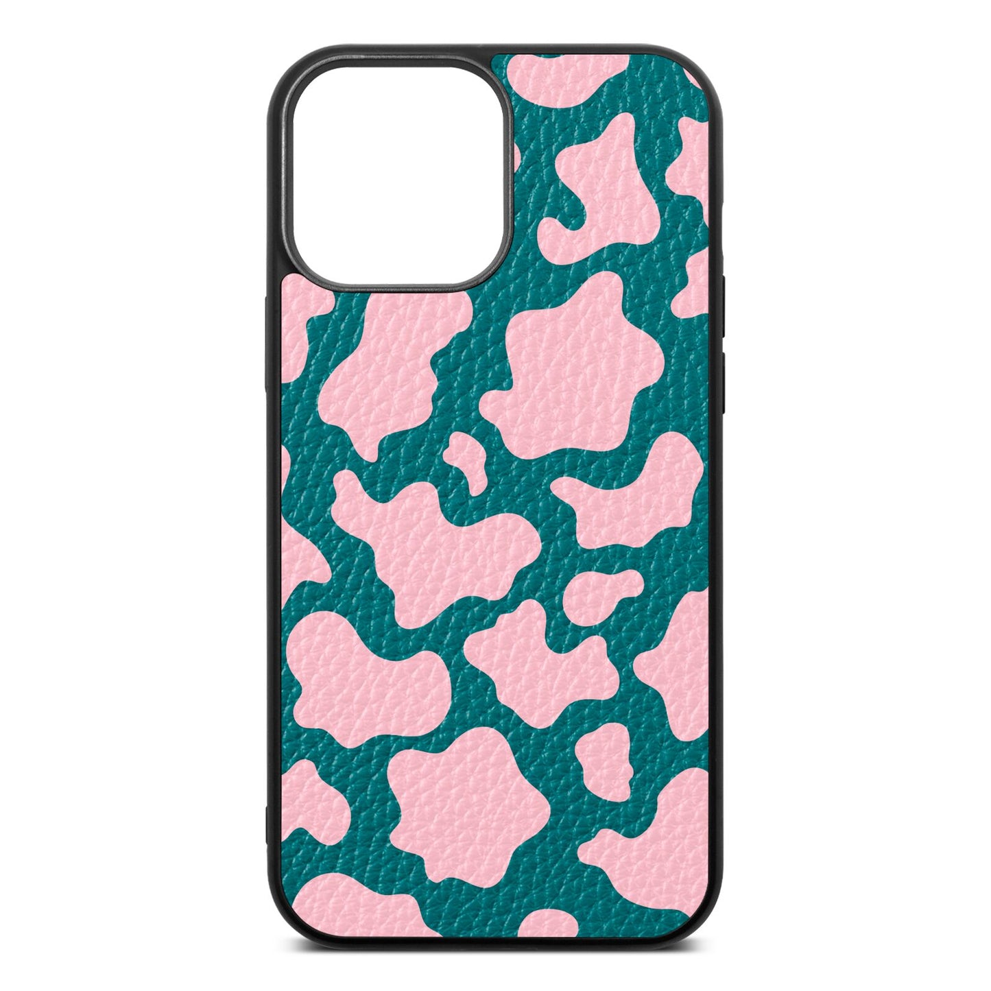 Pink Cow Print Green Pebble Leather iPhone 13 Pro Max Case