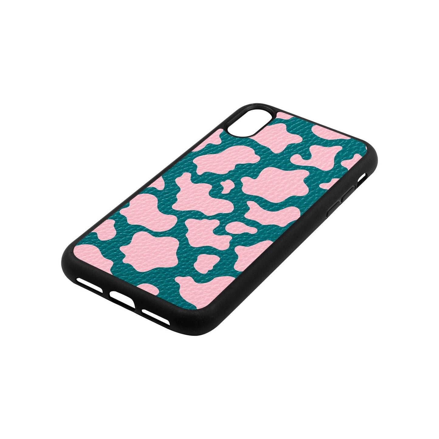 Pink Cow Print Green Pebble Leather iPhone Xr Case Side Angle