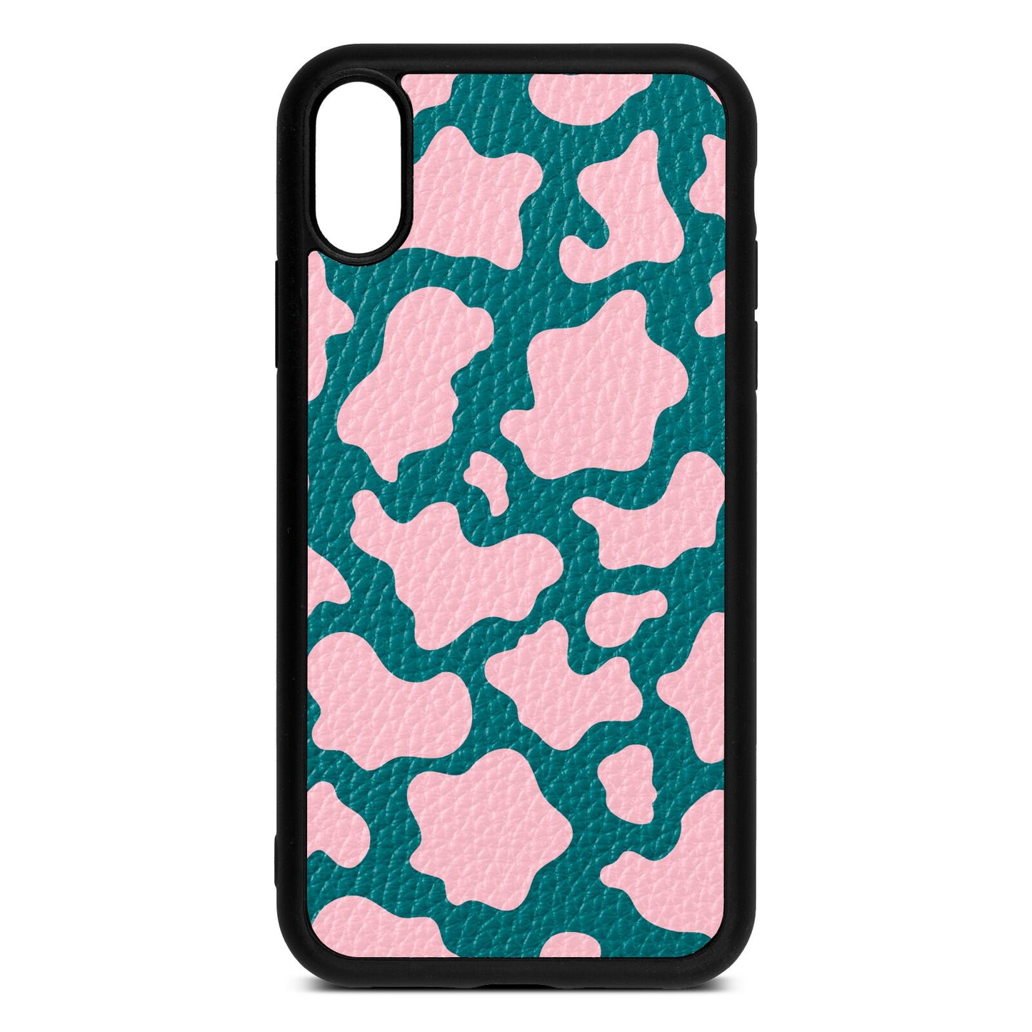 Pink Cow Print Green Pebble Leather iPhone Xr Case