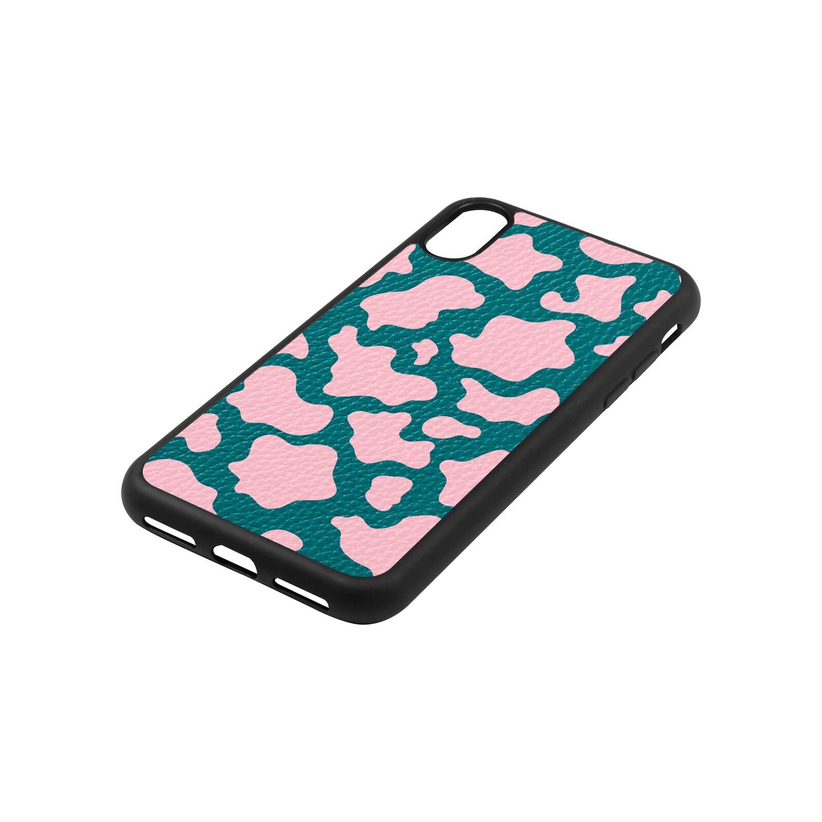 Pink Cow Print Green Pebble Leather iPhone Xs Case Side Angle